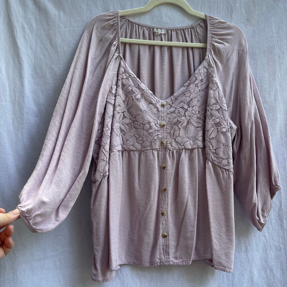 Maurices 2X Dusty Mauve Lace Babydoll Blouse Balloon Sleeve Boho Top